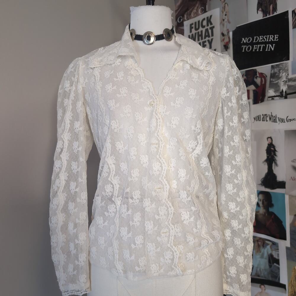 Vintage Sheer Lace Long Sleeve Button Front Blouse